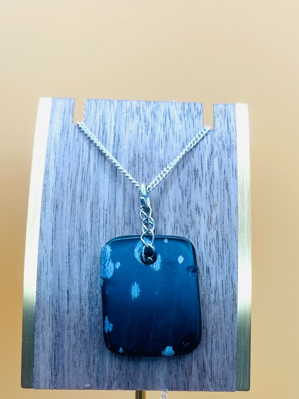 Obsidian Black Speckled Square Pendant Necklace